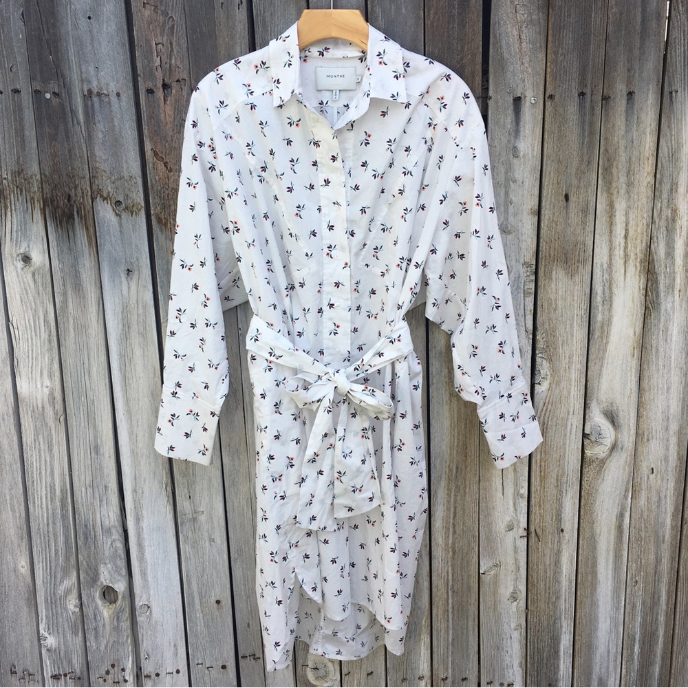 New Munthe Patrina Floral Long Sleeve Stretch Organic Cotton Shirtdress White 36 - Picture 2 of 16